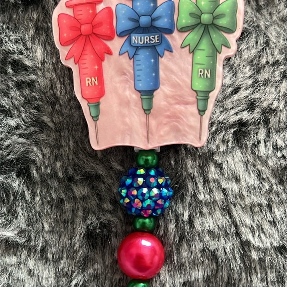 Nurse RN Pink Blue Green Syringe Badge Reel with Beaded Charm
